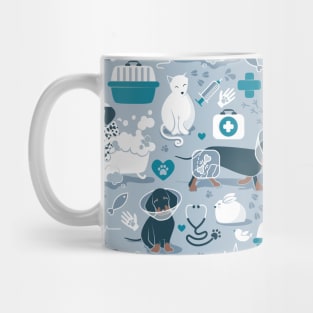 Veterinary medicine, happy and healthy friends // pattern // pastel blue background turquoise details navy blue white and brown cats dogs and other animals Mug